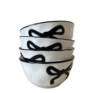 Hand Painted Coquette Black Bow Salad Bowls 6.25in White Ceramic Set of 4 NEW